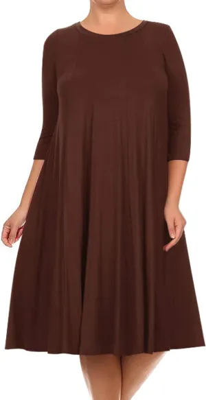 FashionStream Women's Plus Size Casual 3/4 Sleeves Basic A-Line Pleated Solid Midi Dress