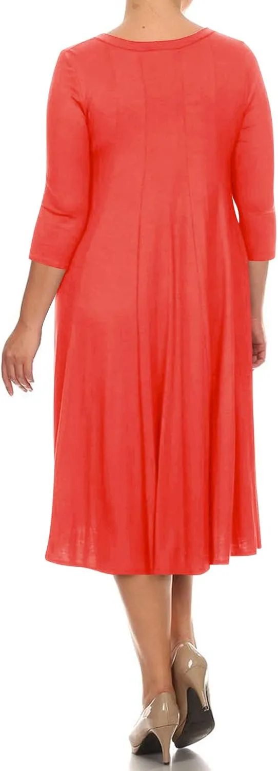 FashionStream Women's Plus Size Casual 3/4 Sleeves Basic A-Line Pleated Solid Midi Dress