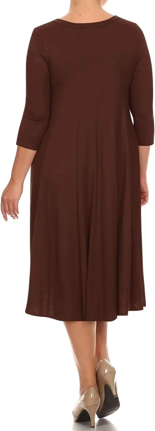 FashionStream Women's Plus Size Casual 3/4 Sleeves Basic A-Line Pleated Solid Midi Dress