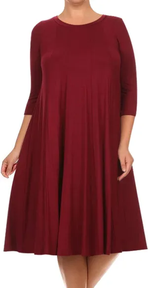 FashionStream Women's Plus Size Casual 3/4 Sleeves Basic A-Line Pleated Solid Midi Dress