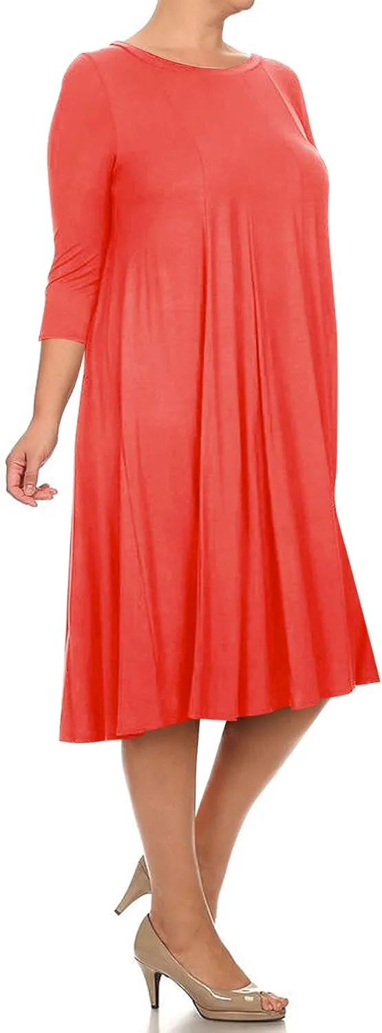 FashionStream Women's Plus Size Casual 3/4 Sleeves Basic A-Line Pleated Solid Midi Dress