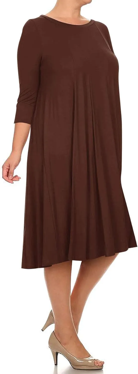 FashionStream Women's Plus Size Casual 3/4 Sleeves Basic A-Line Pleated Solid Midi Dress