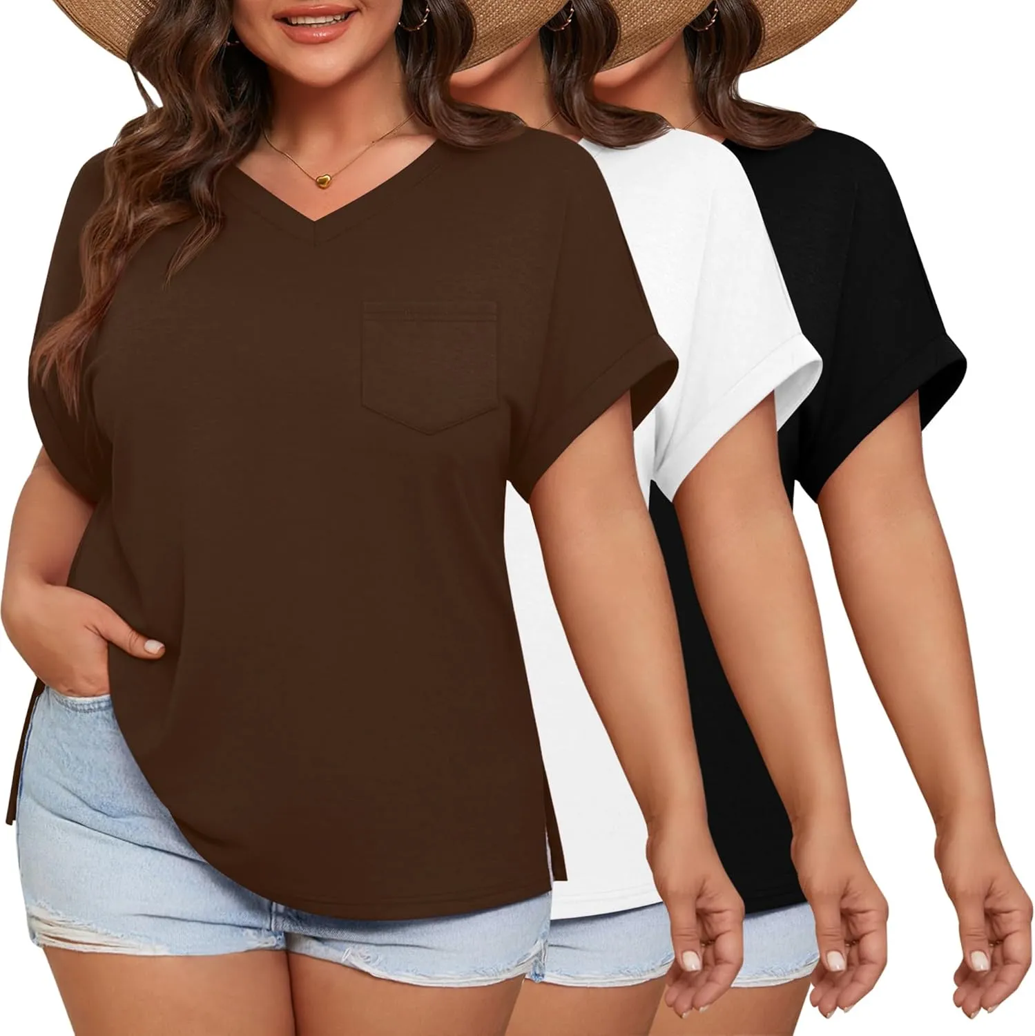 Ficerd 3 Pack Women's Plus Size T-Shirts, V Neck Short Sleeve Oversize Tunics Tops Sides Split Summer Loose Tees with Pockets
