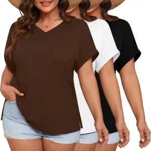 Ficerd 3 Pack Women's Plus Size T-Shirts, V Neck Short Sleeve Oversize Tunics Tops Sides Split Summer Loose Tees with Pockets