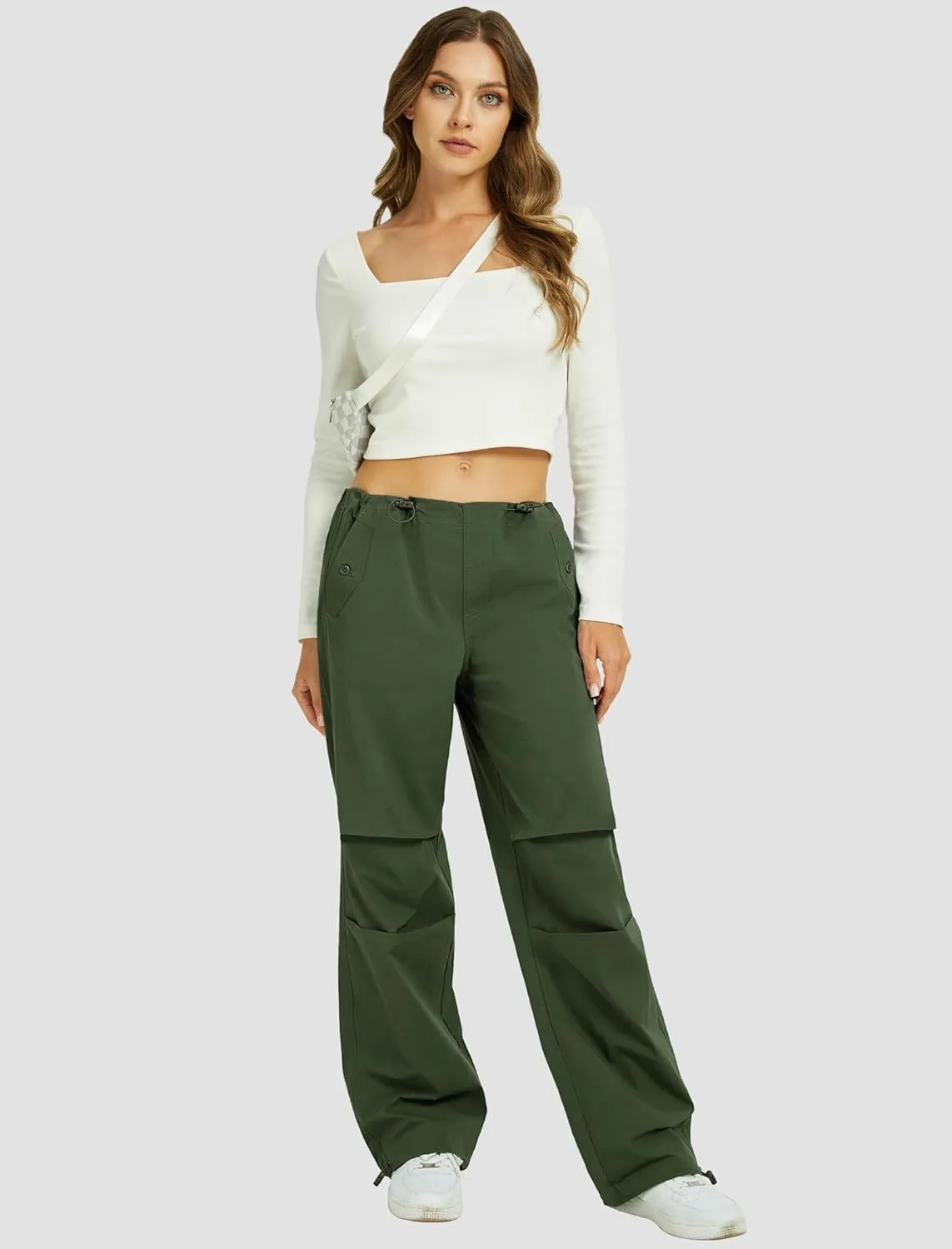 FireSwan Women's Parachute Pants Baggy Cargo Pants Wide Leg Y2K Pants with 4 Pockets Outdoor Travel Casual Hiking