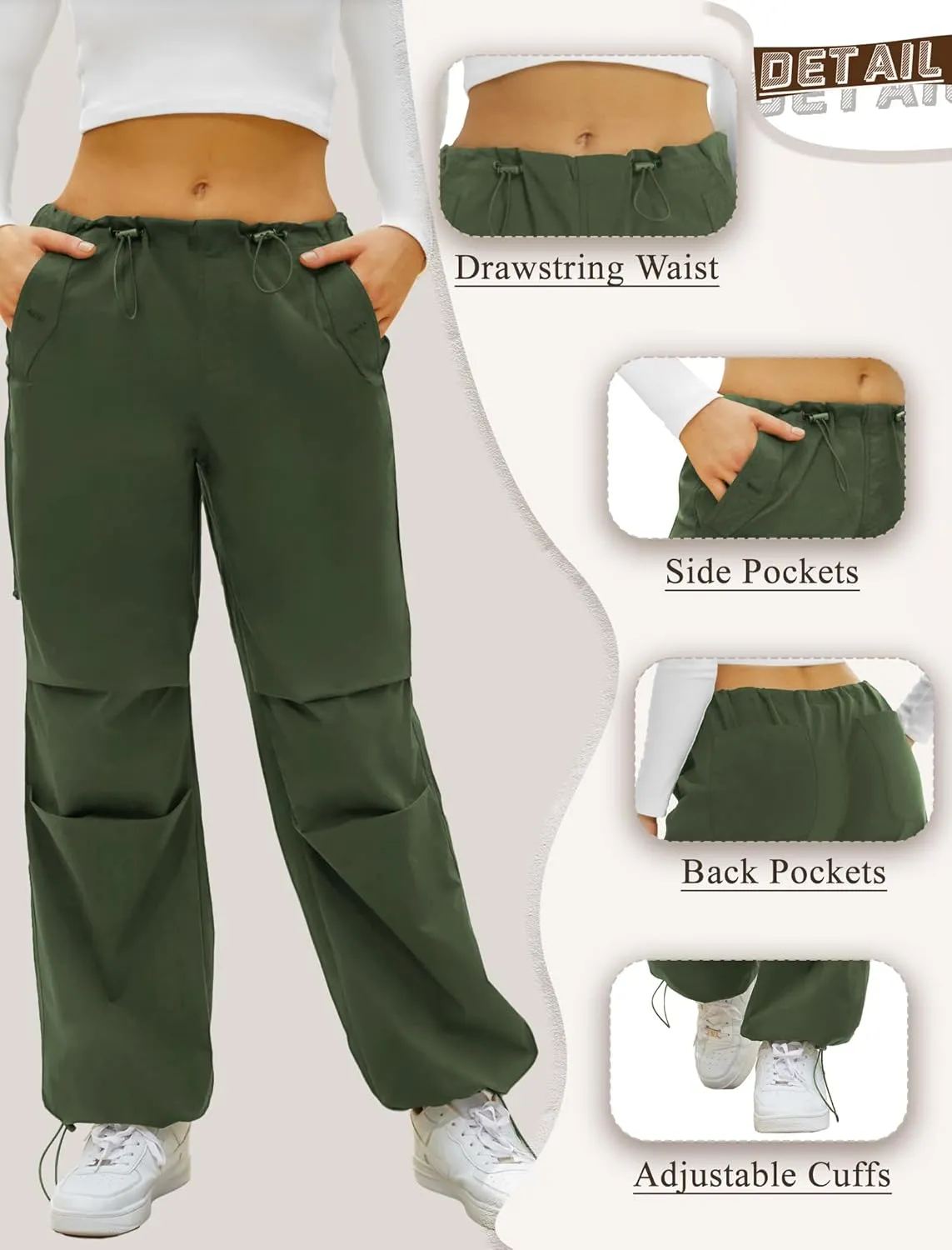 FireSwan Women's Parachute Pants Baggy Cargo Pants Wide Leg Y2K Pants with 4 Pockets Outdoor Travel Casual Hiking
