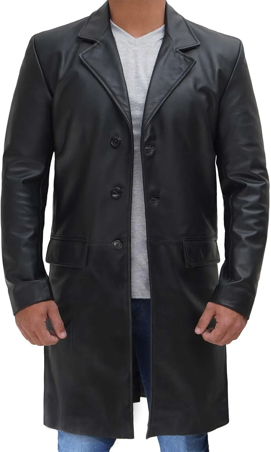 fjackets Leather Long Coat Men Full Length Peacoat Mens - Real Lambskin Leather Trench Coats For Men