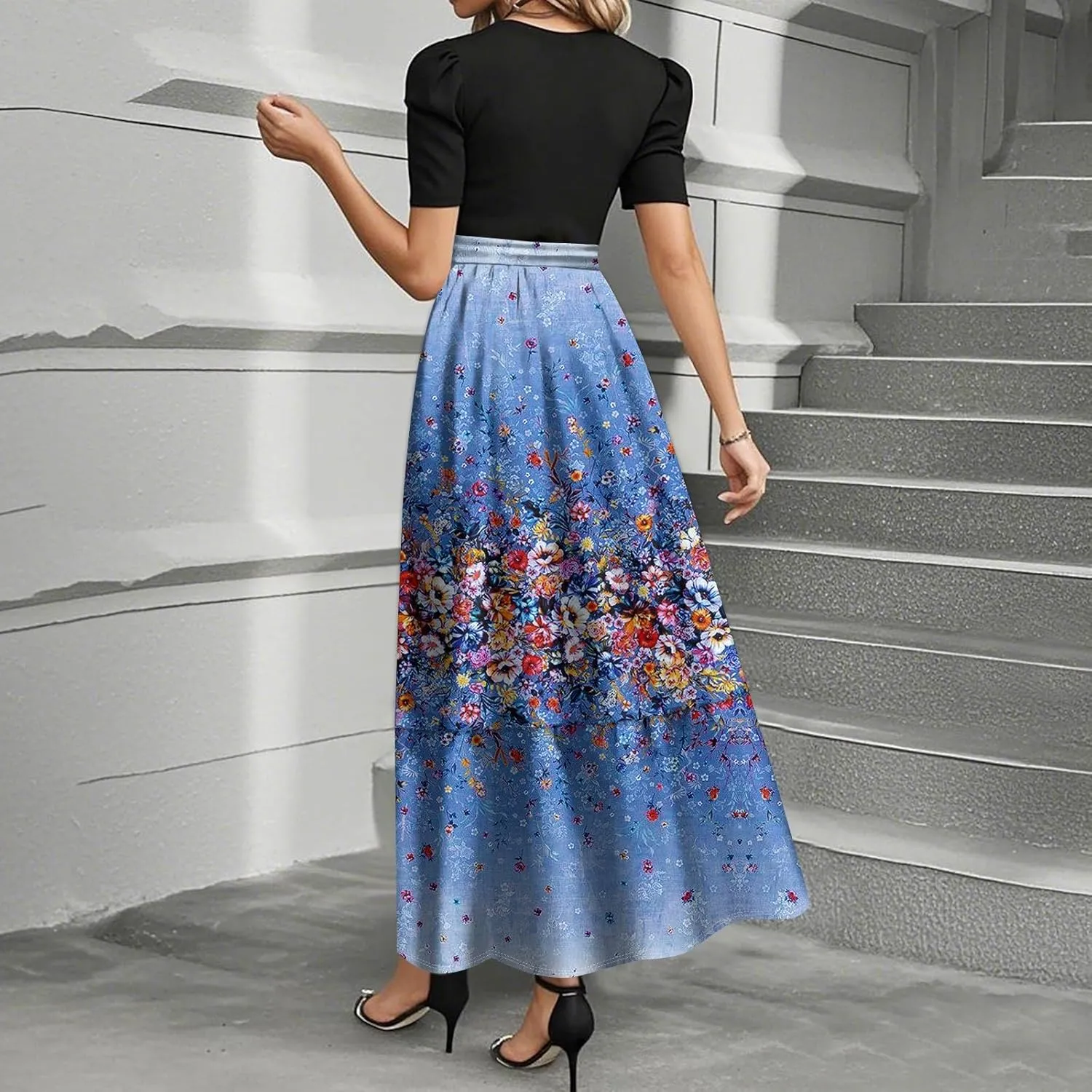 Floral Maxi Dress for Women Summer Crewneck Dressy Tie Waist Short Sleeve Fashion Beach Corset Long Dresses