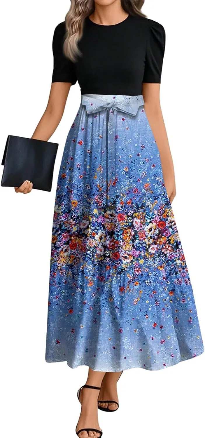 Floral Maxi Dress for Women Summer Crewneck Dressy Tie Waist Short Sleeve Fashion Beach Corset Long Dresses