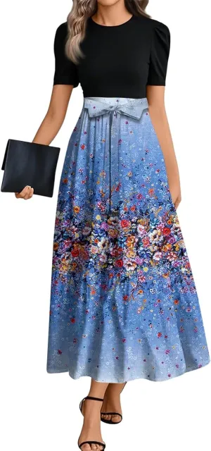 Floral Maxi Dress for Women Summer Crewneck Dressy Tie Waist Short Sleeve Fashion Beach Corset Long Dresses