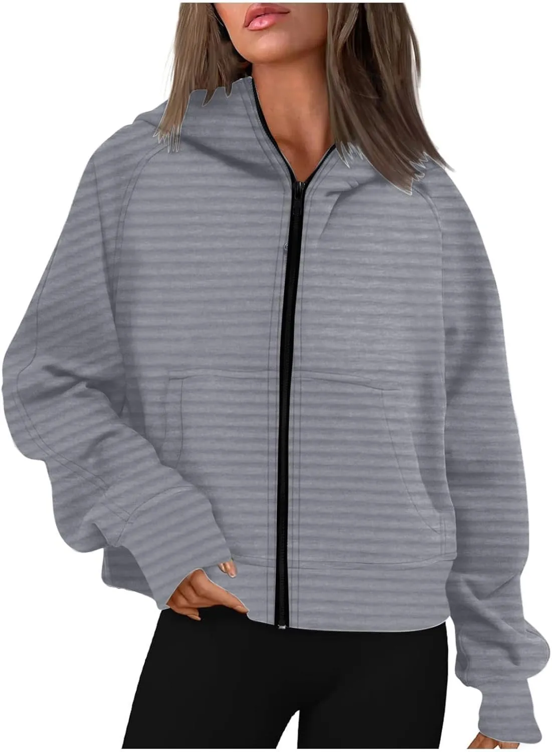 Full Zipper Up Hoodies for Women 2024 Color Block Striped Oversized Sweatshirt Casual Loose Out Fit with Pockets