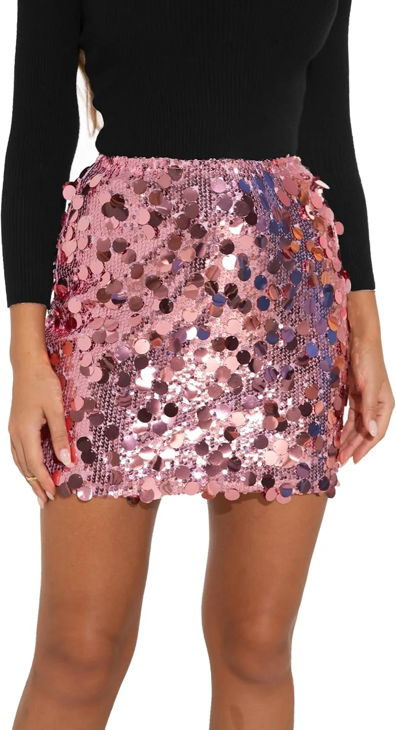 GUANYY Sequin Skirt for Women-Stretchy Bodycon Night Out Party Shine Sparkly Mini Skirts