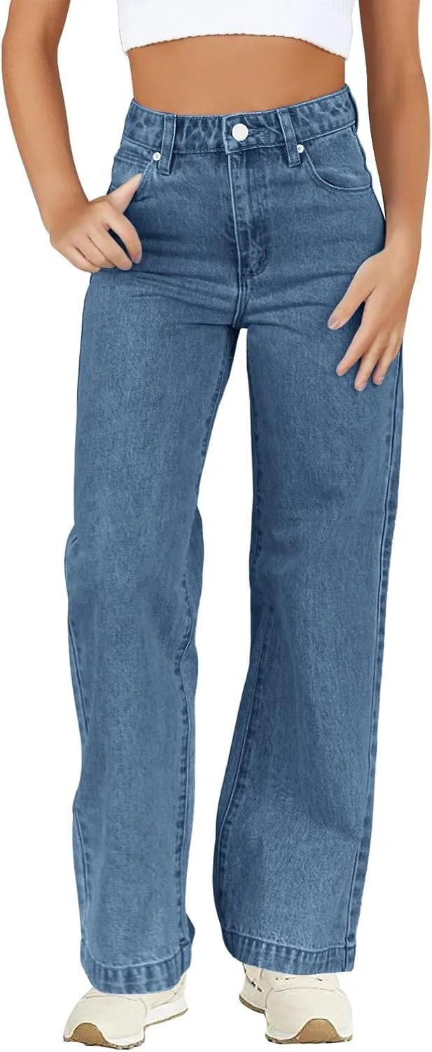 Haloumoning Girls Elastic Waist Jeans Straight Leg Demin Pants Casual Stretch Long Pants with Pockets 5-14 Years