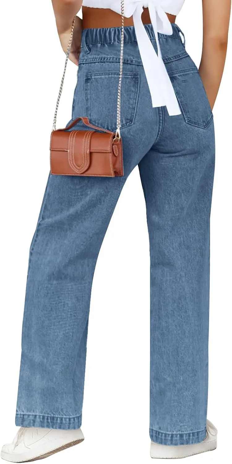 Haloumoning Girls Elastic Waist Jeans Straight Leg Demin Pants Casual Stretch Long Pants with Pockets 5-14 Years