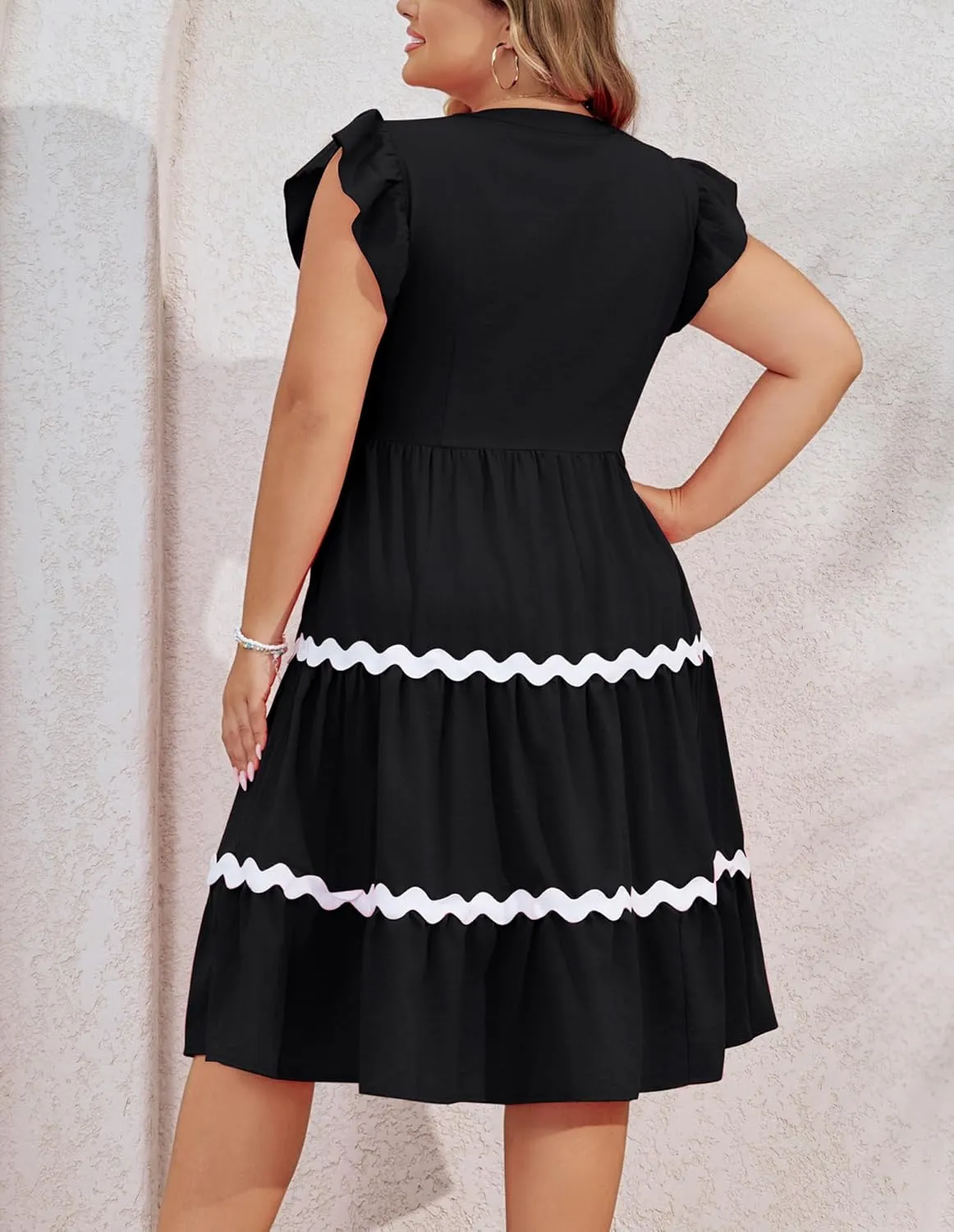 Hanna Nikole Women Plus Size Ruffle Sleeve Casual Dress Empire Waist Knee Length Beach Dresses with Pockets