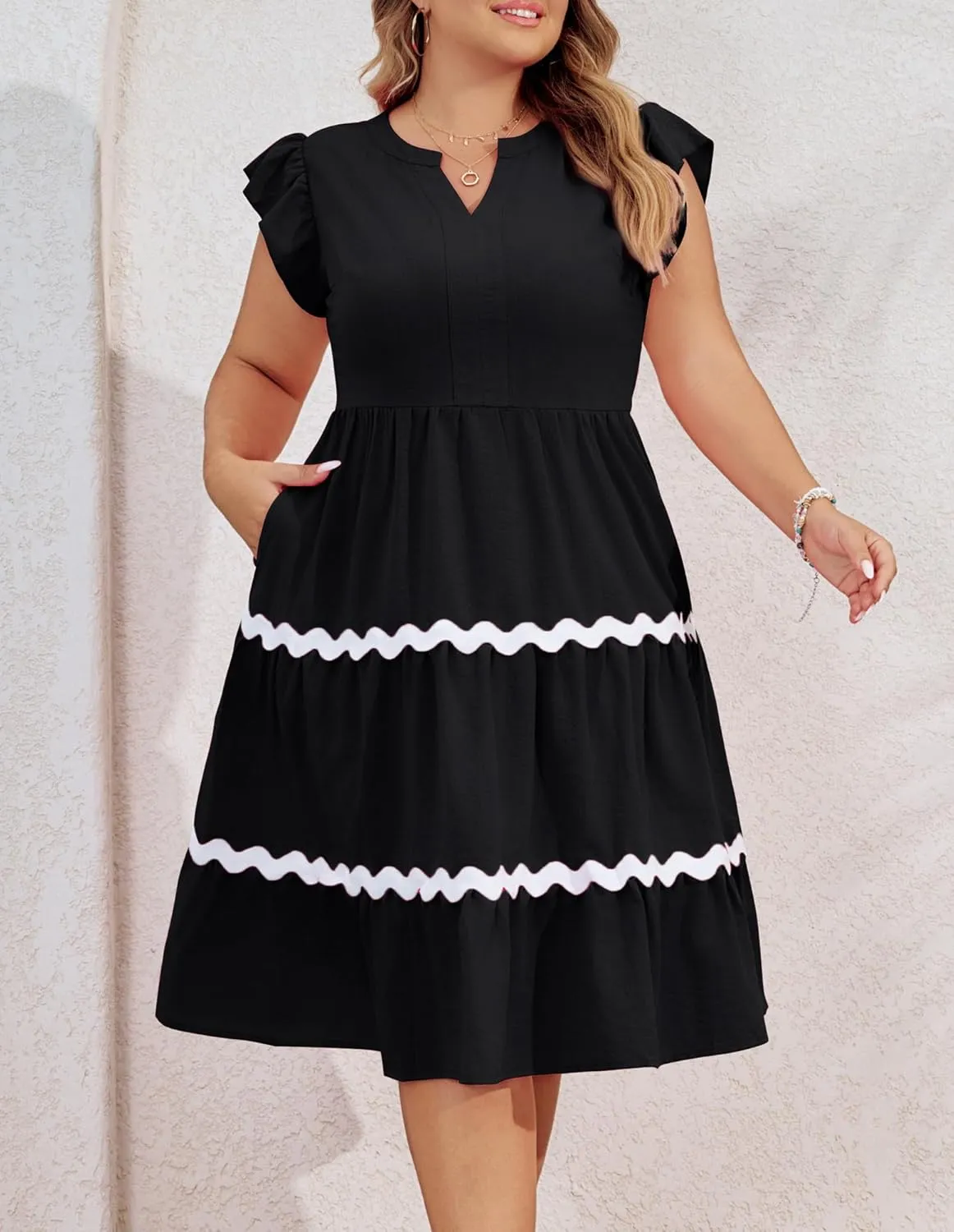 Hanna Nikole Women Plus Size Ruffle Sleeve Casual Dress Empire Waist Knee Length Beach Dresses with Pockets