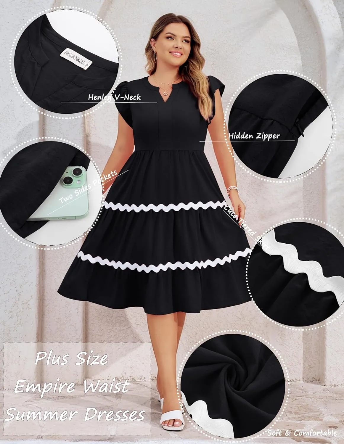 Hanna Nikole Women Plus Size Ruffle Sleeve Casual Dress Empire Waist Knee Length Beach Dresses with Pockets