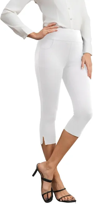 heipeiwa Women's Capri Pants Dressy High Waist Pull on Pants Comfort Stretch Slit Slim Business Casual Trouser