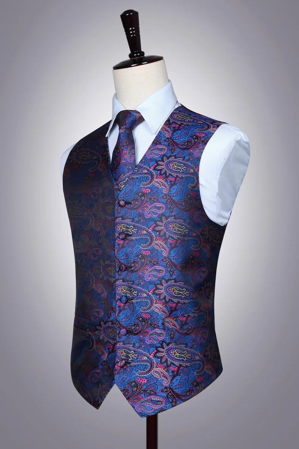 HISDERN Mens Vest Tie Set 3PC Formal Waistcoat Paisley Floral Jacquard Necktie Pocket Square Suit Vests Wedding Party