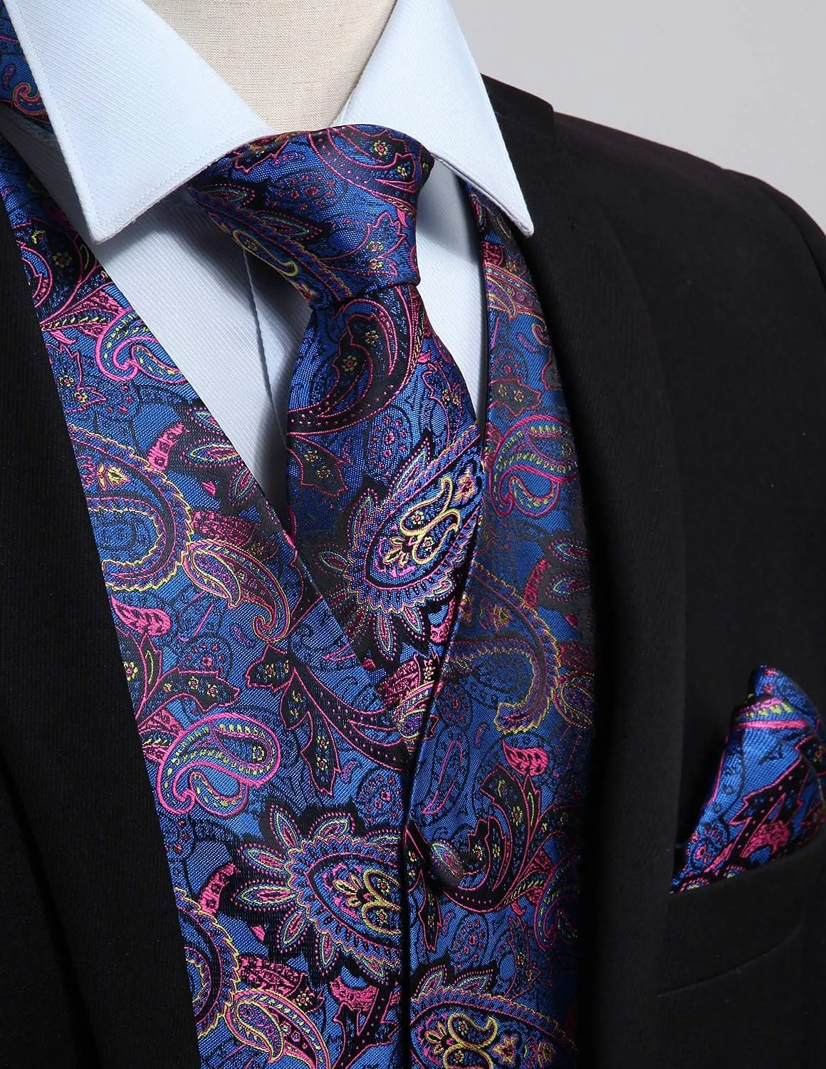 HISDERN Mens Vest Tie Set 3PC Formal Waistcoat Paisley Floral Jacquard Necktie Pocket Square Suit Vests Wedding Party