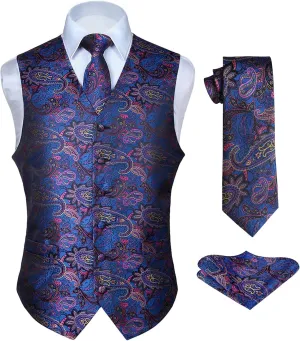 HISDERN Mens Vest Tie Set 3PC Formal Waistcoat Paisley Floral Jacquard Necktie Pocket Square Suit Vests Wedding Party