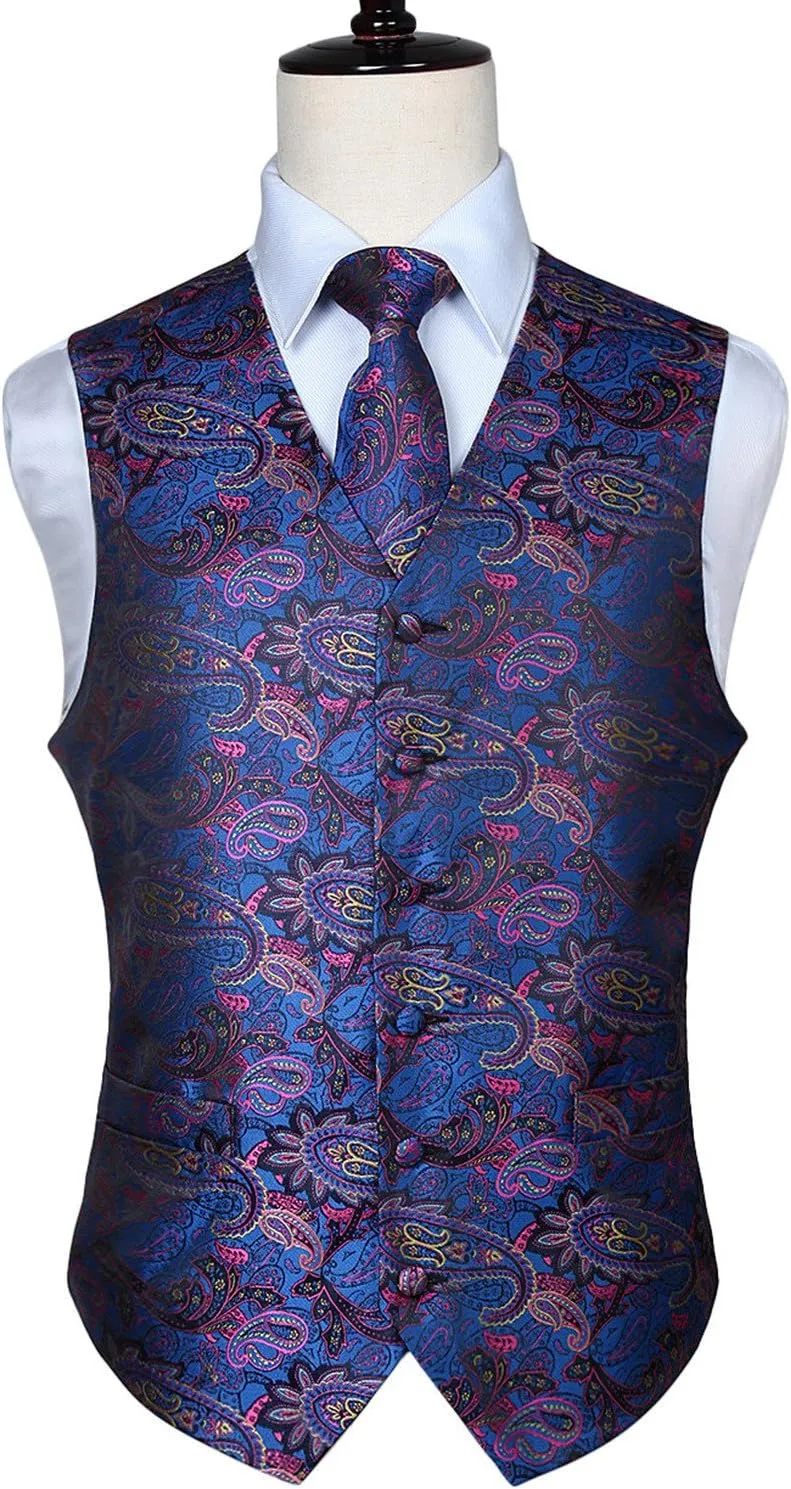 HISDERN Mens Vest Tie Set 3PC Formal Waistcoat Paisley Floral Jacquard Necktie Pocket Square Suit Vests Wedding Party