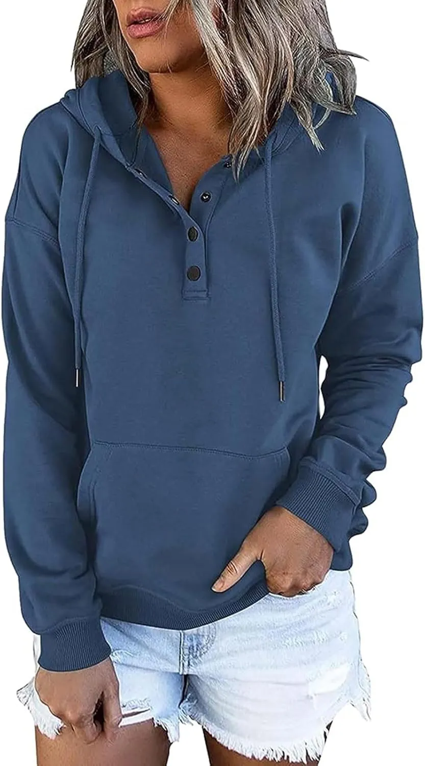 Hoodies For Women Dressy Casual 2024 Solid Basic Button Down Hooded Drawstring Sweatshirt Fall Fashion Pullover Tops