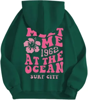 hoodies for women,Preppy Casual Letter Floral Print Sweatshirt Drawstring Oversized Graphic Pullover Cute Hoodies