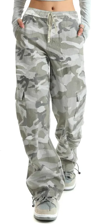 HVEPUO Camo Pants Women High Waisted Wide Leg Casual Y2K Camoflage Cargo Pants Baggy Elastic Waist Straight Jeans Trousers