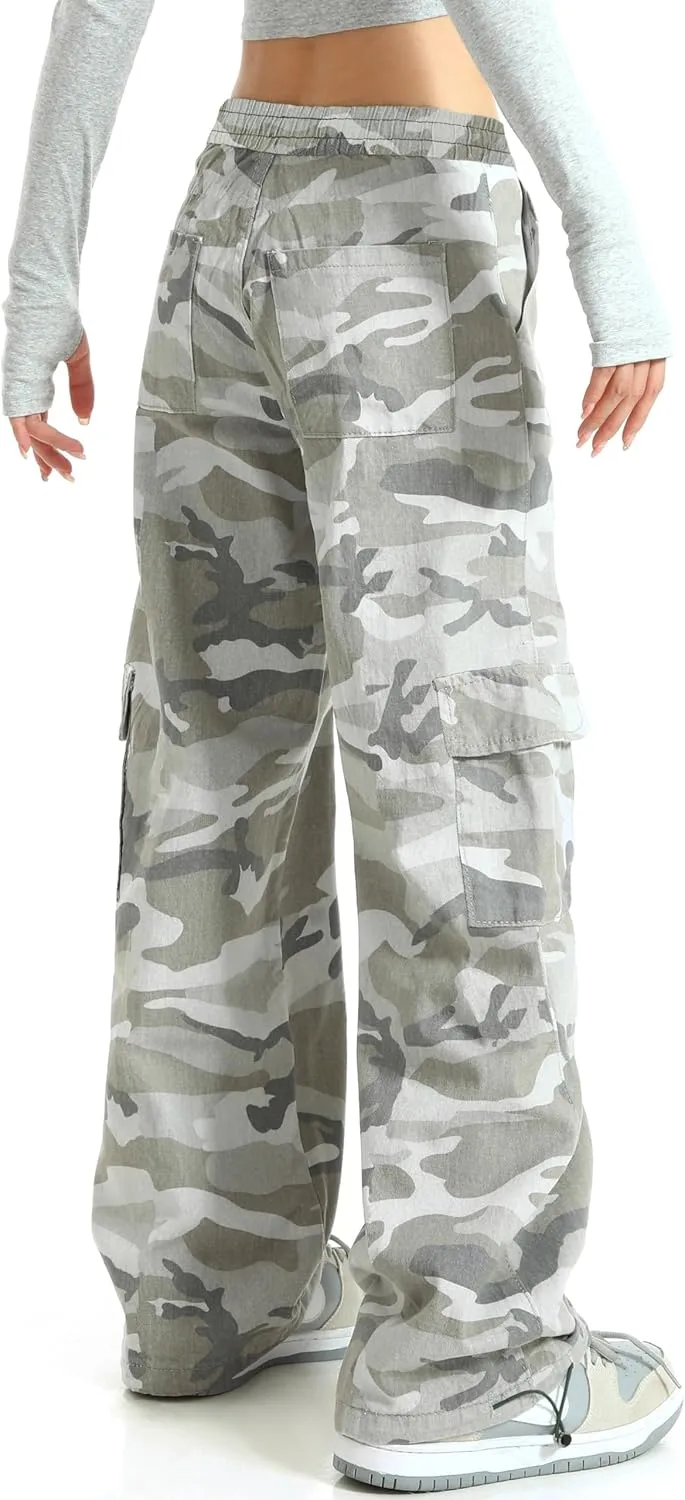 HVEPUO Camo Pants Women High Waisted Wide Leg Casual Y2K Camoflage Cargo Pants Baggy Elastic Waist Straight Jeans Trousers