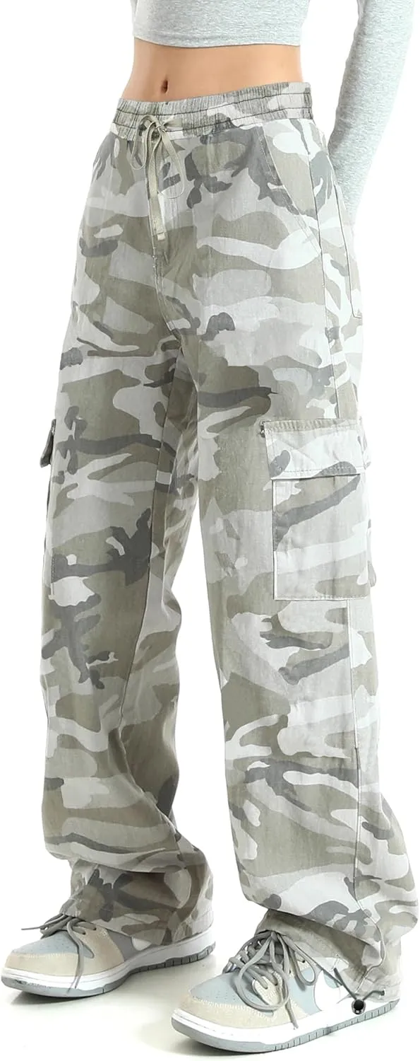 HVEPUO Camo Pants Women High Waisted Wide Leg Casual Y2K Camoflage Cargo Pants Baggy Elastic Waist Straight Jeans Trousers
