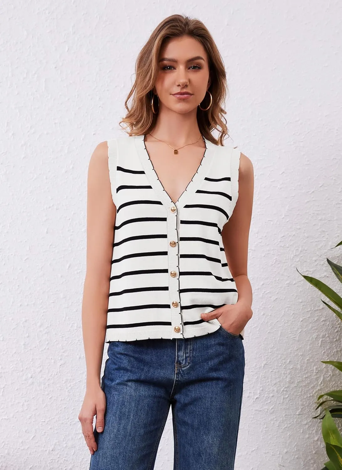 HVT Vest Tops for Women V Neck Striped Sweater Vests 2025 Summer Vacation Button Up Outfits Spring Tops
