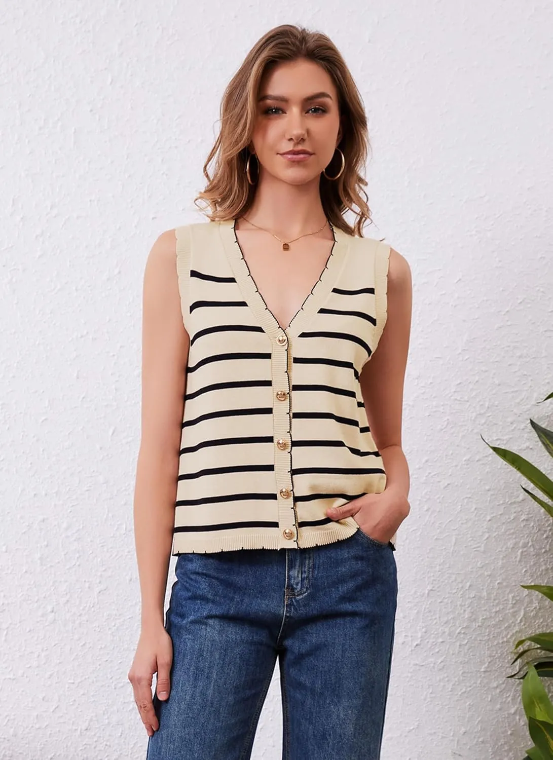 HVT Vest Tops for Women V Neck Striped Sweater Vests 2025 Summer Vacation Button Up Outfits Spring Tops