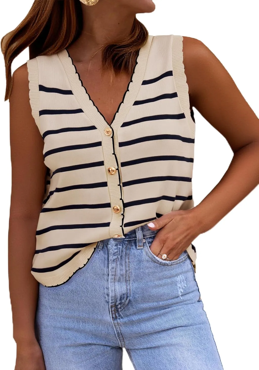 HVT Vest Tops for Women V Neck Striped Sweater Vests 2025 Summer Vacation Button Up Outfits Spring Tops