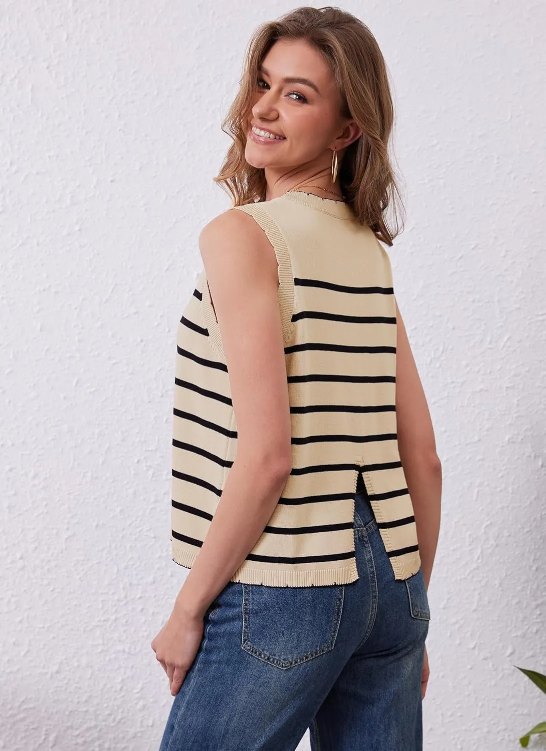 HVT Vest Tops for Women V Neck Striped Sweater Vests 2025 Summer Vacation Button Up Outfits Spring Tops