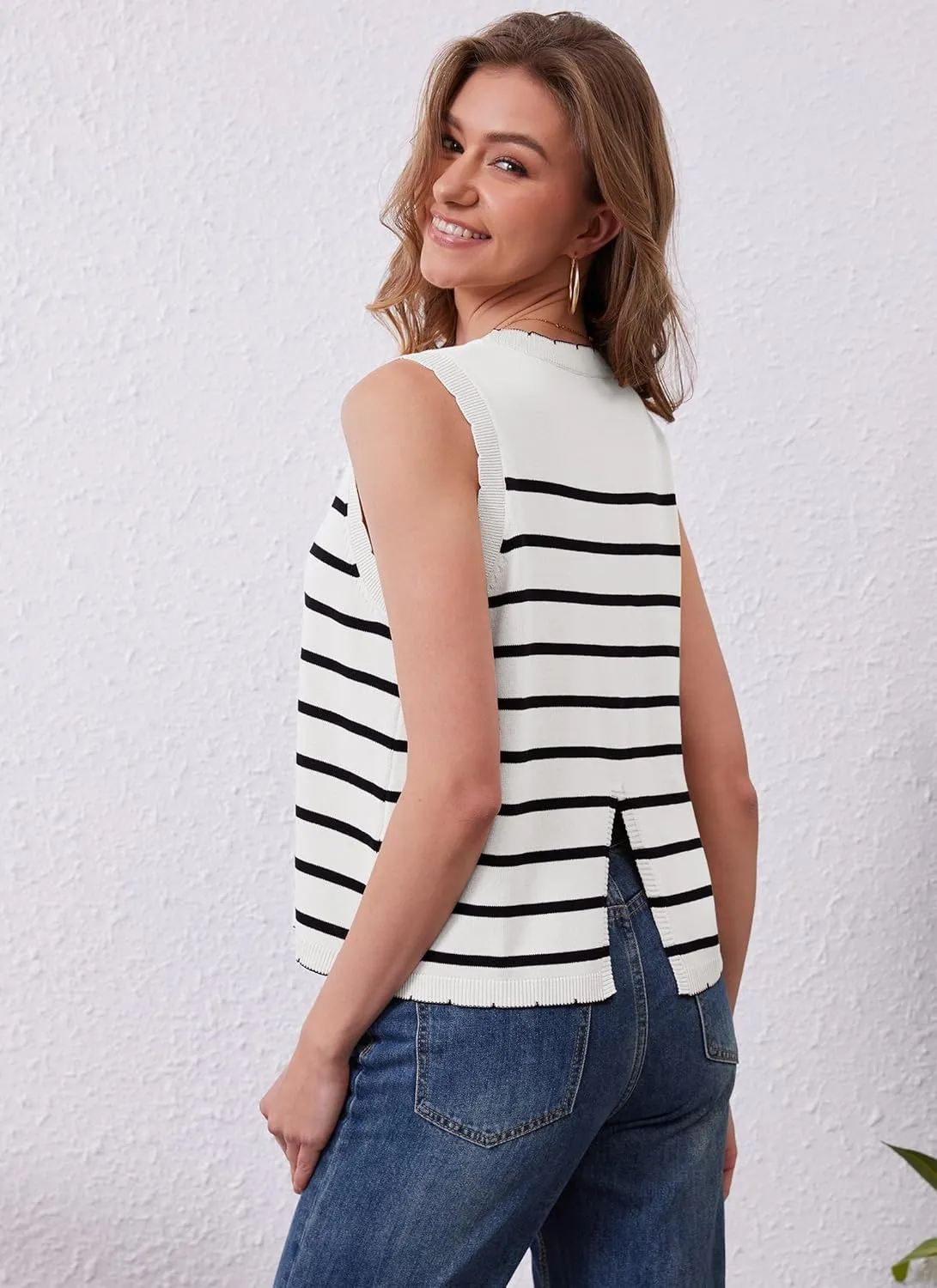 HVT Vest Tops for Women V Neck Striped Sweater Vests 2025 Summer Vacation Button Up Outfits Spring Tops
