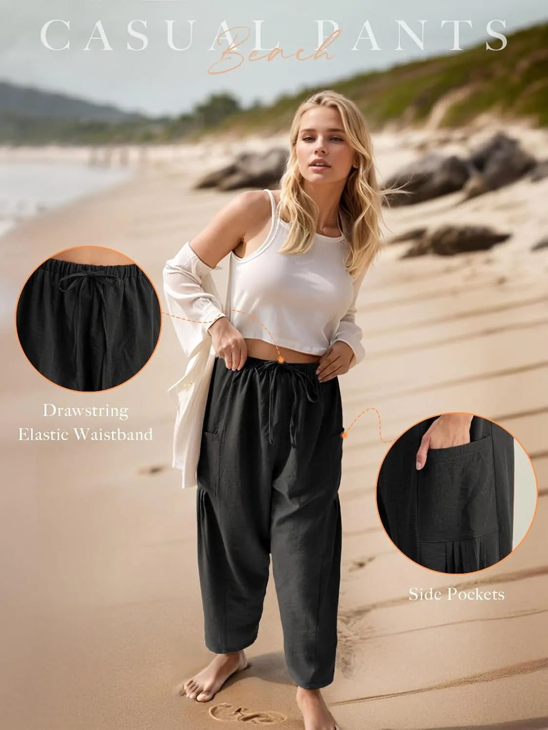 HWOKEFEIYU Women Wide Leg Pants Summer Casual Low Waist Loose Drawstring Harem Pants Beach Palazzo with Pockets