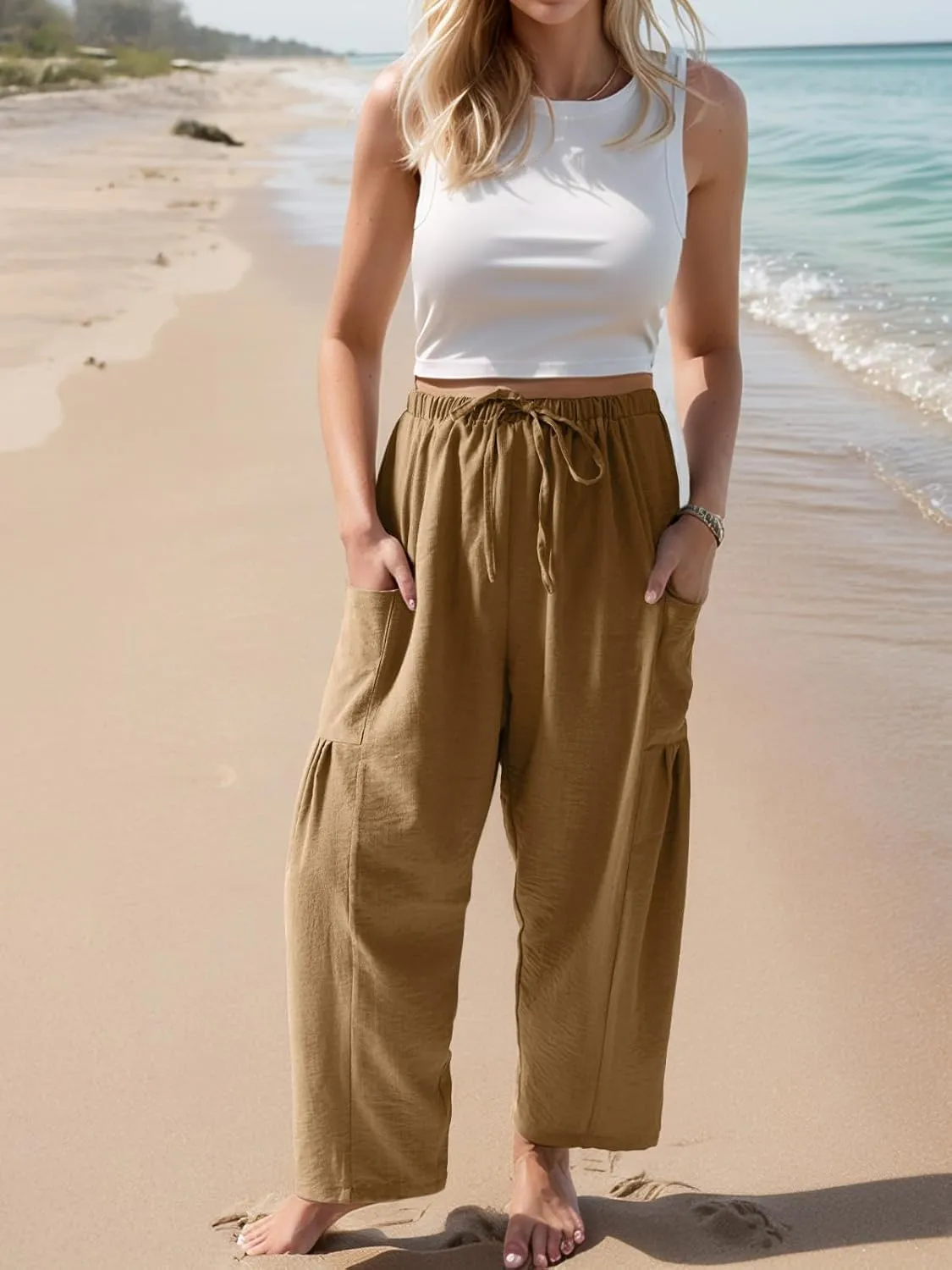 HWOKEFEIYU Women Wide Leg Pants Summer Casual Low Waist Loose Drawstring Harem Pants Beach Palazzo with Pockets