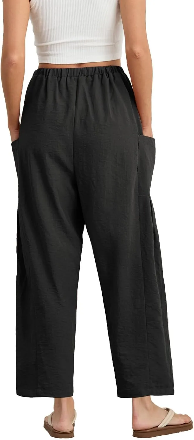 HWOKEFEIYU Women Wide Leg Pants Summer Casual Low Waist Loose Drawstring Harem Pants Beach Palazzo with Pockets