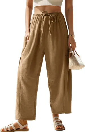 HWOKEFEIYU Women Wide Leg Pants Summer Casual Low Waist Loose Drawstring Harem Pants Beach Palazzo with Pockets