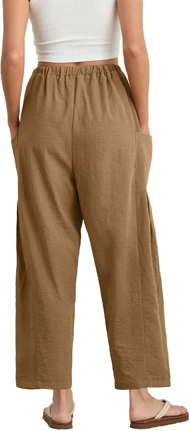 HWOKEFEIYU Women Wide Leg Pants Summer Casual Low Waist Loose Drawstring Harem Pants Beach Palazzo with Pockets