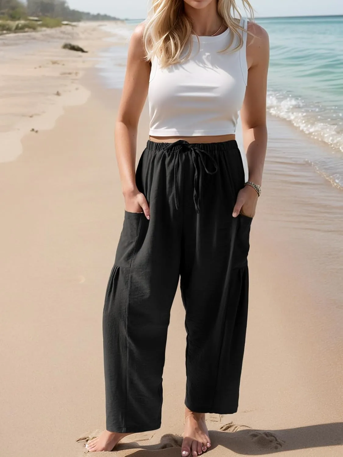 HWOKEFEIYU Women Wide Leg Pants Summer Casual Low Waist Loose Drawstring Harem Pants Beach Palazzo with Pockets