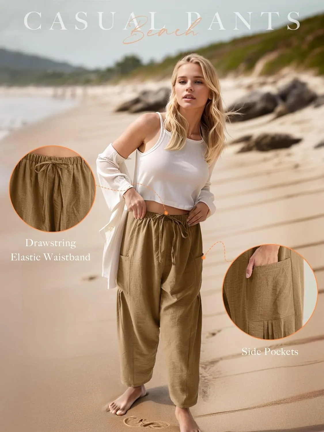 HWOKEFEIYU Women Wide Leg Pants Summer Casual Low Waist Loose Drawstring Harem Pants Beach Palazzo with Pockets