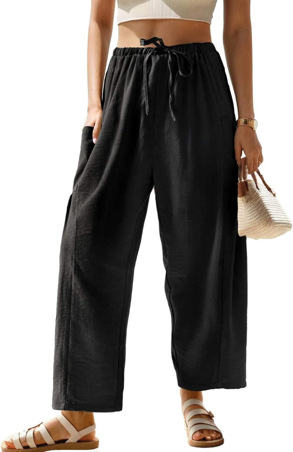 HWOKEFEIYU Women Wide Leg Pants Summer Casual Low Waist Loose Drawstring Harem Pants Beach Palazzo with Pockets