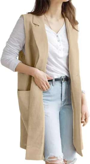 IDEALSANXUN Womens Long Linen Vest Tops Casual Spring Summer Lightweight Jackets