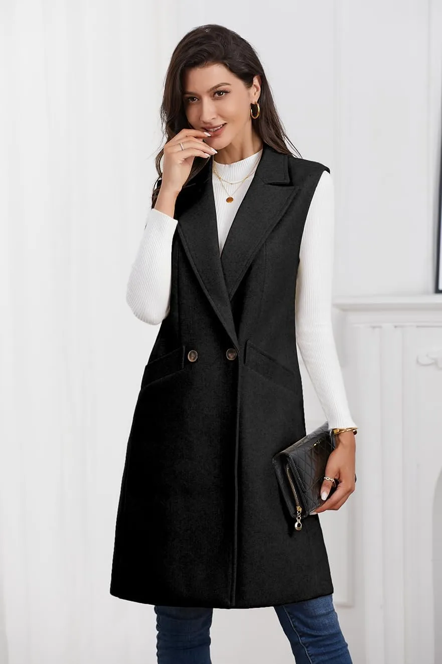 IDEALSANXUN Womens Long Vest Fall Winter Wool Sleeveless Blazer Jackets Waistcoat Coats