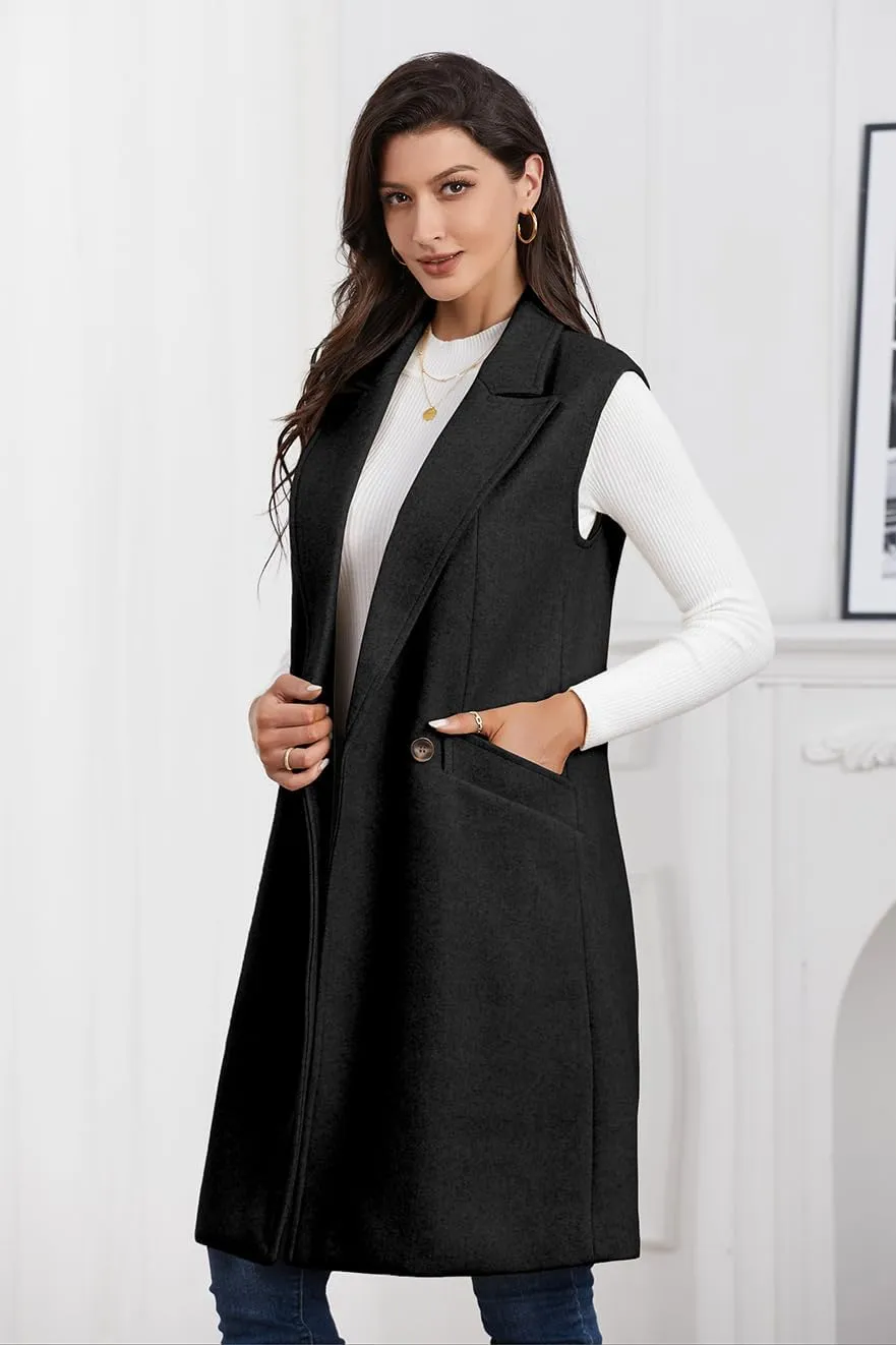 IDEALSANXUN Womens Long Vest Fall Winter Wool Sleeveless Blazer Jackets Waistcoat Coats