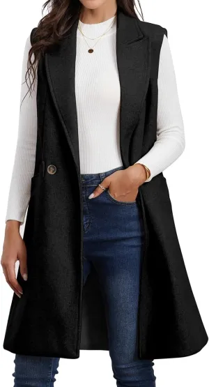 IDEALSANXUN Womens Long Vest Fall Winter Wool Sleeveless Blazer Jackets Waistcoat Coats