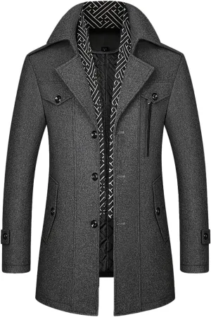 INVACHI Men's Wool Blend Coat Warm Winter Trench Coat with Detachable Soft Scarf Single Breasted Pea Coat