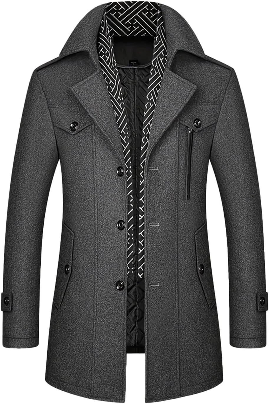 INVACHI Men's Wool Blend Coat Warm Winter Trench Coat with Detachable Soft Scarf Single Breasted Pea Coat